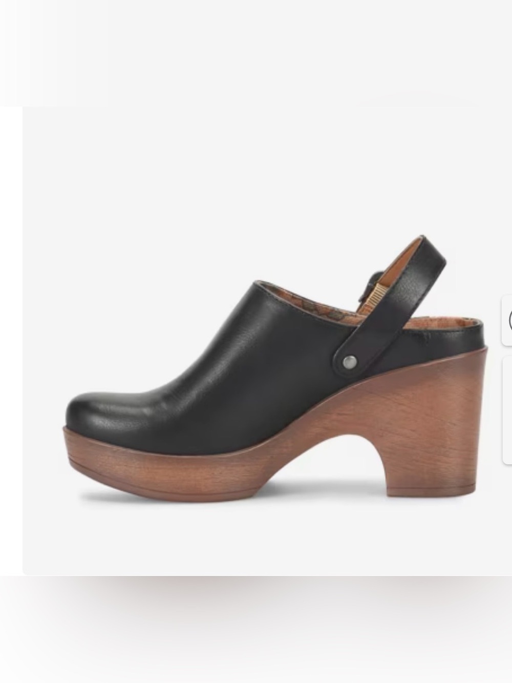 boc Black Leather Clogs with Brown Wood-Look Heel and Buckle - Picture 3 of 14